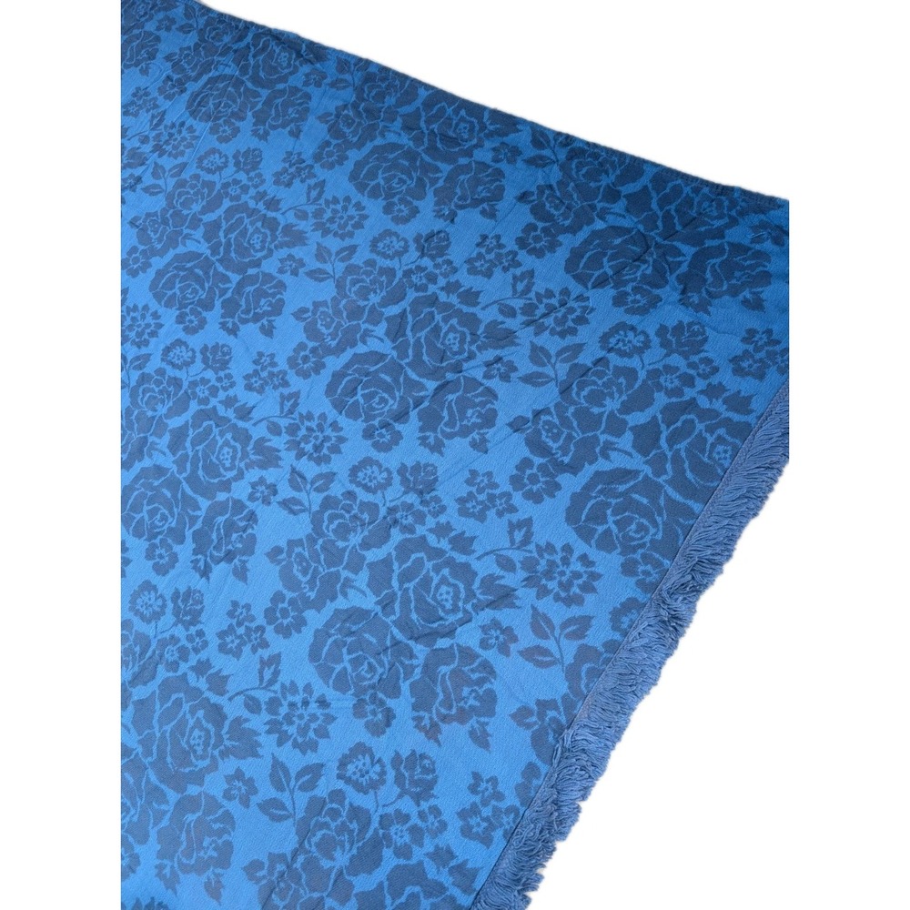 Vintage Royal Blue Rose Pattern Floral Fringed Blanket Bedspread Sofa Cover MCM